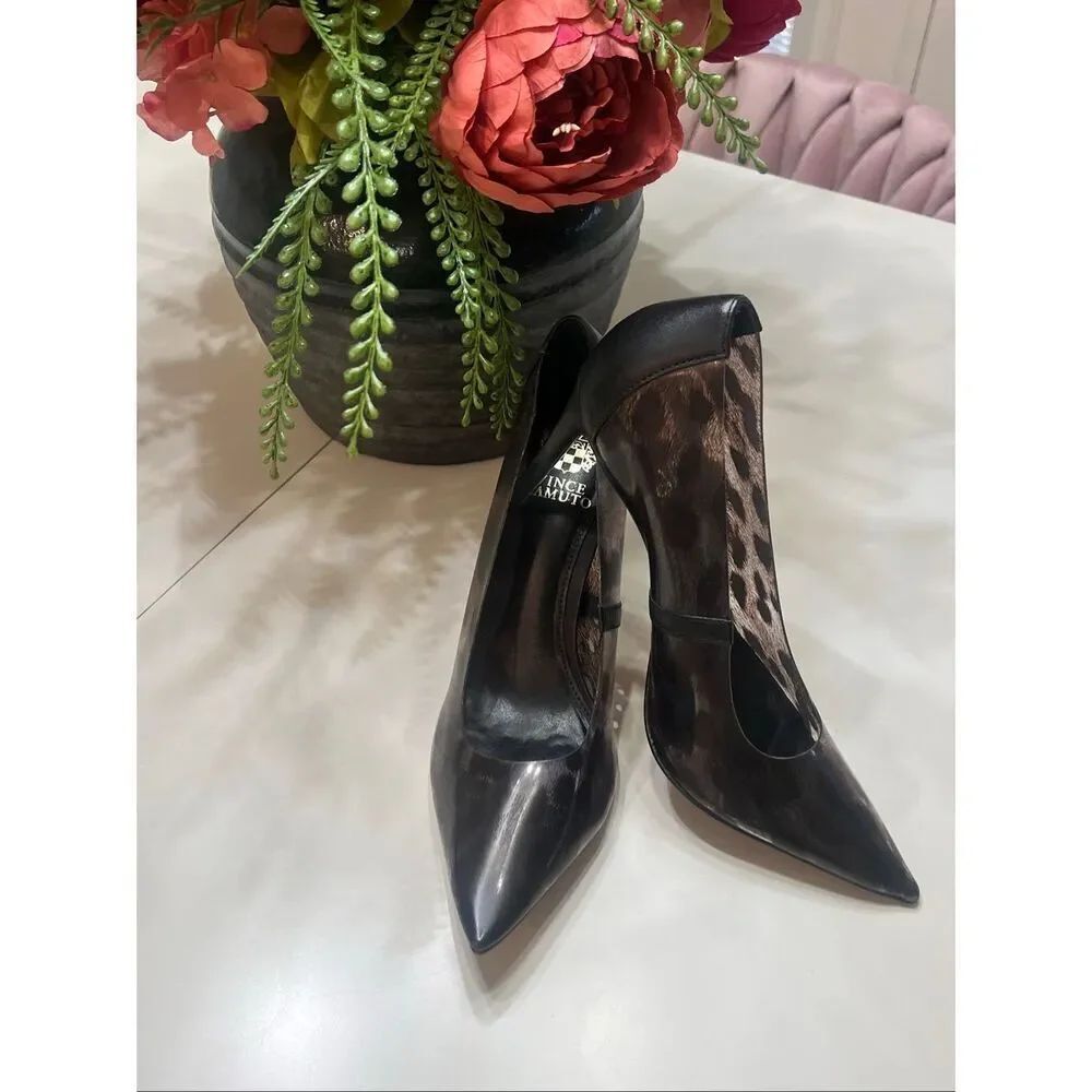 Vince Camuto Women's Anessta Leopard Print Pointed Toe Heels Pump Black 7.5 NIB